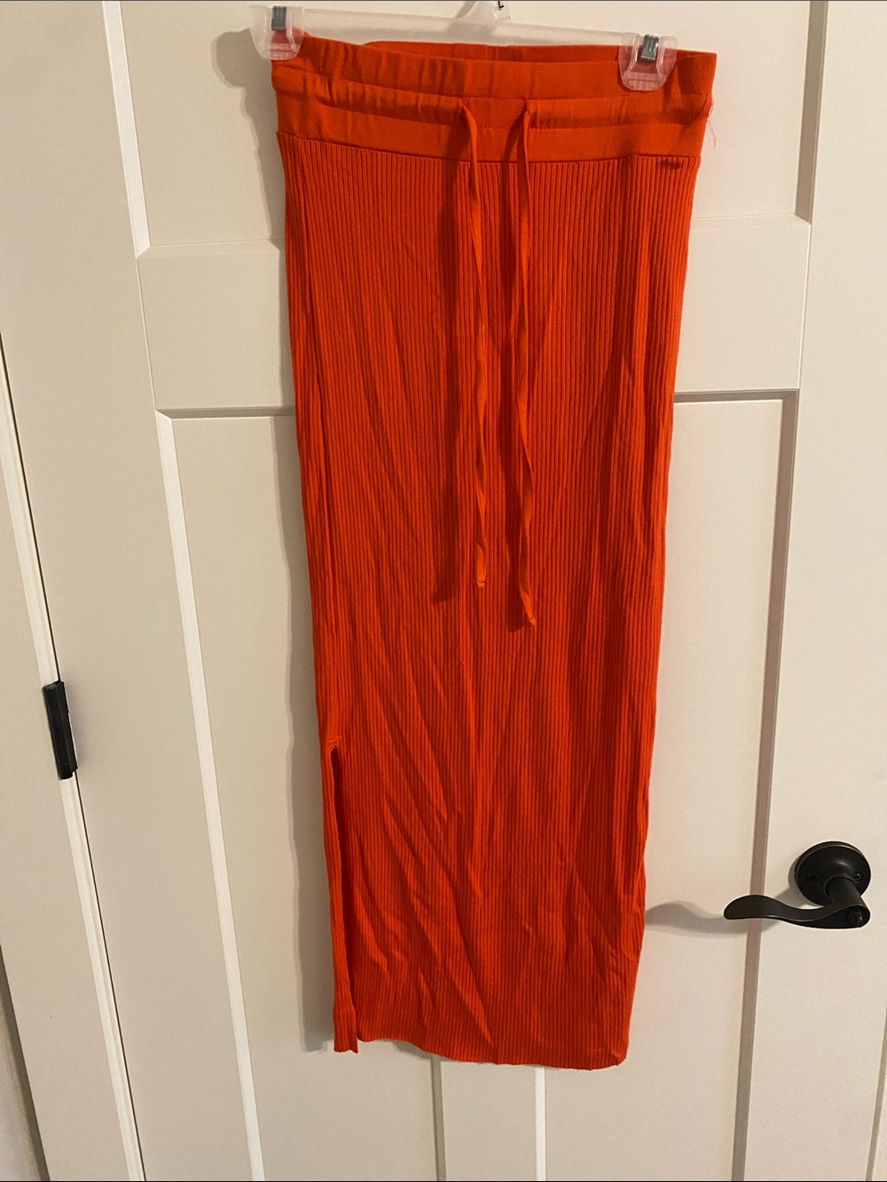 Orange Ribbed Midi Skirt with Drawstring Waist